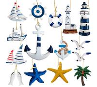 Golgner 15 Pieces Maritime Pendants Nautical Decoration, Maritime Decoration Set, Maritime Decorative Pendant Set, Starfish Boat Anchor, Lighthouse Fish Coconut Tree, for Mini Fishing Net, Wall