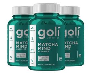 Goli Matcha Mind Gummies | Green Tea Leaves Powder with 250mg Cognizin for Focus, Attention & Brain Health | Vegan, Non-GMO, Gluten-Free, Gelatin Free | 3 Pack, 180 Gummies