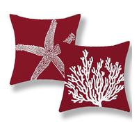 GOLIANDA Coastal Pillow Covers 18x18 Set of 2 Burgundy Red Coral Starfish Throw Pillows Nautical Ocean Beach Spring Summer Decorative Pillowcase Outdoor Linen Decor Farmhouse Cushion Case for Couch