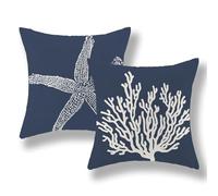 GOLIANDA Navy Blue Coral Starfish Pillow Covers 16x16 Inch Set of 2 Coastal Throw Pillows Spring Summer Nautical Beach Ocean Decorations Linen Pillowcase Outdoor Decor Farmhouse Cushion Case for Home