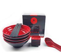 Goliber Balibetov Ramen Bowl Set - Includes Melamine Ramen Bowls, Chopsticks, Spoons and Small Dish for Sauce - Ideal for Asian, Chinese, Japanese, Korean or Pho Noodle Soup -4 Sets, 16pcs (Red, 4)