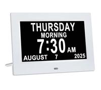 Golony 7-inch Large Dementia Alarm Clock. Displays month, day and time. Large-digit alarm clock. 12 alarm groups. Auto-dimming. Suitable for elderly use. White.