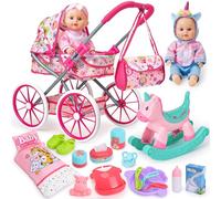 Golray Children's Toy Set for 3 4 5 6 Year Old Dolls with Accessories Cushion Rocking Horse 2 Clothes Nurse Feeding Simulation Game for Little Girls