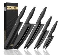 GOLTICH 5 PCs Black Kitchen Knife Sets with Sheath - Premium Stainless Steel Kitchen Knives Set with Easy Grip Handle - Ultra Sharp Knife Set Includes Santuko, Bread, Paring, Utility & Chef Knife