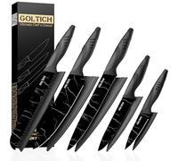 GOLTICH 5 PCs Kitchen Knife Set - Ultra Sharp Kitchen Knives with Easy Grip Handle & Sheath - Premium Quality Stainless Steel Black Knife Set - Includes Santuko, Bread, Paring, Utility & Chef Knife