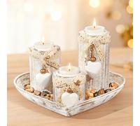 GoMaihe Tealight Candle Holders with Tray: 3-Pcs Wooden Candlestick Set for Dining Table Centrepiece Ornaments for Living Room, Gift for Mum Birthday Present, Heart