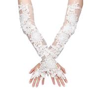 GOMAKERER 1 Pair White Lace Fingerless Gloves, Flower Pattern Polyester Long Gloves Wedding Bride Cuff Mesh Gloves Elbow Length Gloves for Wedding Party Women