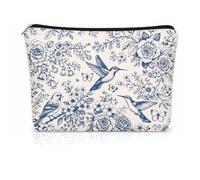 GOMAKERER 1 Pc Blue White Floral Bird Makeup Bag, Hummingbird Double Sided Printed Polyester Cosmetic Pouch Large Zipper Travel Toiletry Organizer for Daily Use for Women, 7 x 9.8 Inch