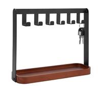 GOMAKERER 1 Pc Key Stand for Entryway Table, 6 Hooks Metal Entryway Key Holder with Pine Wood Tray Tabletop Necklace and Jewelry Organizer Rack for Keys, Rings & Small Accessories
