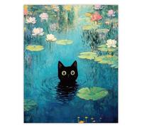GOMAKERER 1 Pc Wall Art Print Retro, Vintage Canvas Wall Art Cat in Water Lilies Poster Monet Prints Wall Decorations for Office Bedroom Restroom Home Decor 11x13.8inch Unframed