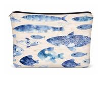 GOMAKERER 1 Pc Watercolor Blue Fish Makeup Bag, Nautical Ocean Theme Double Sided Printed Polyester Cosmetic Pouch Large Zipper Travel Toiletry Organizer for Women Daily Use, 7 x 9.8 Inch