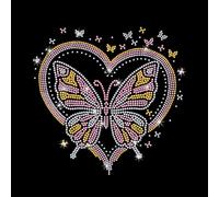 GOMAKERER 1 Pcs Butterfly Heart Iron on Rhinestones Transfer, Pink Hot Fix Iron on Patch Transfer Decals Crystal Heat Transfer Clothing Repair Decor for T-Shirt Jeans Jacket Party Decor