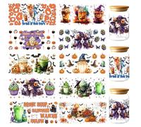 GOMAKERER 10 Pcs Halloween UV DTF Cup Wraps, 10 Styles Autumn Halloween Themed UV DTF Decals Waterproof Transfer Sticker Decals for Water Bottle Glass Cups Wood Crafts, 24x11 CM