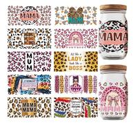GOMAKERER 10 Pcs Leopard Print UV DTF Cup Wraps, Mom Rub on Transfers Personalized Waterproof UV DTF Transfer Sticker Decals for 16OZ Glass Cups Water Bottle DIY Crafts