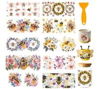 GOMAKERER 10 Sheets Bees Among The Flowers UV DTF Cup Wraps, Cartoon Bee Theme Cup Wraps Decals Waterproof Rub on Transfer Stickers for Glass Cups Furniture Decorations