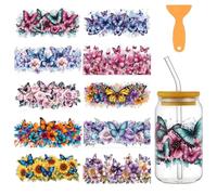GOMAKERER 10 Sheets Butterfly UV DTF Cup Wrap for 16 OZ, Watercolor Painting Flowers UV DTF Rub on Transfers Waterproof Transfer Sticker Decals for Crafts Laptop Mobile Phone Case, 9.5x4.3 Inch