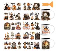 GOMAKERER 10 Sheets Halloween Theme UV DTF Cup Wraps, Autumn Witch Stickers Waterproof Rub on Transfer Reusable DIY Vinyl Decals for Glass Cups Furniture