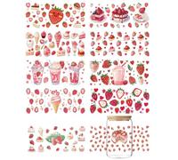 GOMAKERER 10 Sheets Strawberry UV DTF Wraps, UV DTF Cup Wraps Pink Strawberries Ice Cream Rub on Transfer Stickers Decal for 16 Oz Glass Cups Cups Container Decor