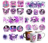 GOMAKERER 10 Sheets UV DTF Cup Wraps, 10 Styles Magic Style Stickers Cartoon Skull Rub on Decals Purple Waterproof Transfer Stickers for Glass Cups Wood Crafts