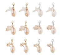 GOMAKERER 12 Pcs 6 Styles Seashell Charms, Ocean Theme Dangle Charm with Lobster Clasp Natural Shell Zipper Pull Charms with Turquoise Starfish Turtle Bead for Jewelry Making DIY