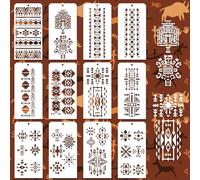 GOMAKERER 12 Pcs Decorative Painting Templates, 12 Styles Aztec Themed Painting Stencils Reusable Border Stencil for Painting on Tile Wall Floor Scrapbooking Decor Drawing Tracing