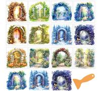 GOMAKERER 12 Pcs Elf Garden Gate Rub on Transfers for Crafts, 12 Styles Floral Garden Rub on Transfer Stickers Art Style PVC Rub On Decals for DIY Home Window Craft Decor, 14x14cm