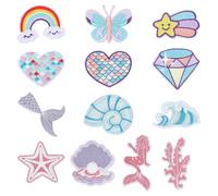 GOMAKERER 12 Pcs Mermaid Iron on Patches, Cute Rainbow Star Heart Diamond Sew on Embroidery Applique Repair Patches Costume Accessories for Hats, Shoes, Clothes, Backpacks