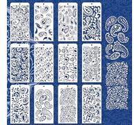 GOMAKERER 12 Pcs Paisley Element Stencils for Painting, 12 Styles Paisley Peacock Feathers Border Pattern Reusable Stencils Templates for Painting on Furniture Scrapbook Decor