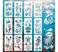 GOMAKERER 12 Pcs Sea Life Stencils for Painting, 12 Styles Ocean Elements Painting Stencils Reusable Art Drawing Templates for Drawing on Wall Wood Home Decor