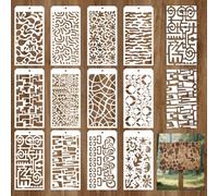 GOMAKERER 12 Sheets Abstract Texture Painting Stencils, 12 Styles Geometric Brick Damask Texture Layering Templates Reusable Border Stencil for Painting on Wall Wood Home Decor
