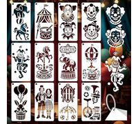 GOMAKERER 12 Sheets Adventure Circus Stencils for Painting, 12 Styles Plastic Joker Carousel Horse Drawing Template Circus Carnival Art Templates for Painting on Wall Wood Home Decor