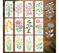 GOMAKERER 12 Sheets Asian Plants Stencil for Painting, Bamboo Plum Blossom Chrysanthemum Lotus Ginkgo Reed Lily Drawing Stencils Reusable Flower Art Stencil for Home Decor on Wood Furniture Canvas