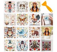 GOMAKERER 12 Sheets Boho Winter Flat Illustration Rub on Transfers, 12 Styles Owl Bear Penguin Snowman Bird Rooster Rub on Transfer Stickers PVC Rub On Decals for DIY Home Window Craft Decor