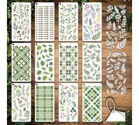 GOMAKERER 12 Sheets Botanical Plaid Stencils for Painting, Fern & Grid Reusable PET Stencils Drawing Stencil for Painting on Wall Wood Home Decor, 9.45x4.72 Inch