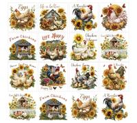 GOMAKERER 12 Sheets Chicken Rub on Transfers for Crafts and Furniture, Vintage Farm Rub on Transfers Stickers Sunflower Decals for DIY Craft Home Window Decor, 5.5x5.5 Inch