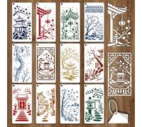 GOMAKERER 12 Sheets Chinese Style Snow Scenery Stencil for Painting, Ancient Pavilion Lantern Plum Blossom Courtyard Drawing Stencil Reusable Art Template for Painting on Tile Wall Floor Scrapbooking