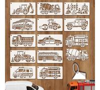 GOMAKERER 12 Sheets Construction Vehicles Stencil Pet Painting, 12 Styles Means of Transportation Reusable Drawing Templates Trucks Buses Art Templates for Wall Wood Fabric Canvas Paper Decor(24x12cm)