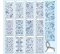 GOMAKERER 12 Sheets Decorative Painting Templates, Blue-and-White Porcelain Pattern Drawing Stencil Vintage Chinoiserie Flower Reusable Art Template for Painting on Wall Wood Home Decor