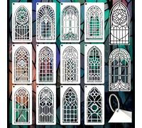 GOMAKERER 12 Sheets Divided Glass Window Stencils for Painting, 12 Styles Gothic Window Christian Drawing Template Geometric Glass Art Templates for Painting on Wall Wood Home Decor
