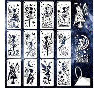 GOMAKERER 12 Sheets Fairy Stencil for Painting, Moon Fairy Wildflower Butterfly Drawing Templates Plastic Art Templates for Painting on Wall Wood Home Decor