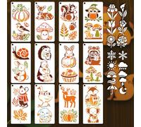 GOMAKERER 12 Sheets Fall Animals Stencil for Painting, Reusable PET Autumn Woodland Stencils Squirrel Owl Fox Deer Pumpkin Drawing Stencil for Painting on Wall Wood Home Decor