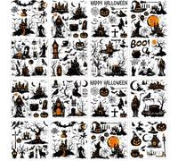 GOMAKERER 12 Sheets Halloween Rub on Transfers for Crafts, Pumpkin Ghost Witch Rub on Transfer Stickers Black Orange Art Style PVC Rub On Decals for DIY Craft Home Window Wood Decor, 14x14cm