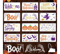 GOMAKERER 12 Sheets Halloween Word Stencil for Painting, Ghost Pumpkin Witch Drawing Templates Reusable Self-Adhesive Silk Screen Printing for Wall Border Wood Fabric Home Craft Decor