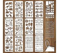 GOMAKERER 12 Sheets Journal Stencils for Painting, 12 Styles Diary Notebook Scrapbook Drawing Templates Plastic Art Templates for Painting on Wall Wood Home Decor, 240x120mm