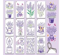 GOMAKERER 12 Sheets Lavender Stencil for Painting, Vase Bicycle Water Bottle Book Flower Silhouette Drawing Stencil Reusable Plastic Wall Stencils Template for Painting on Wall Wood Home Decor