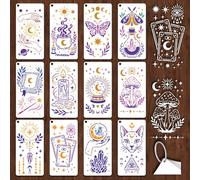 GOMAKERER 12 Sheets Magic Style Stencil for Painting, Magic Candle Tarot Card Star Moon Ancient Book Mushroom Butterfly Drawing Stencil Reusable Art Template for Painting on Wall Wood Home Decor