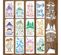 GOMAKERER 12 Sheets Mushroom Forest House Stencils for Painting, Nature Themed Reusable PET Stencils Butterfly Drawing Stencil for Painting on Wall Wood Home Decor, 9.45x4.72 Inch