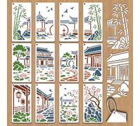 GOMAKERER 12 Sheets Oriental Garden Stencil for Painting, Traditional Chinese Pavilion Bamboo Lotus Drawing Templates Reusable PET Chinese Character Stencils for Painting on Wall Wood Home Decor