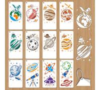 GOMAKERER 12 Sheets Retro Planet Stencils for Painting, Outer Space Solar System Rocket Telescope Drawing Stencil Reusable Astronomy Theme Stencil for Painting on Wood Furniture Canvas Home Decor