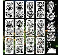 GOMAKERER 12 Sheets Teacup Fairy Stencils for Painting, 12 Styles Plastic Tea Time Drawing Template Flower Wing Butterfly Art Templates for Painting on Wall Wood Home Decor
